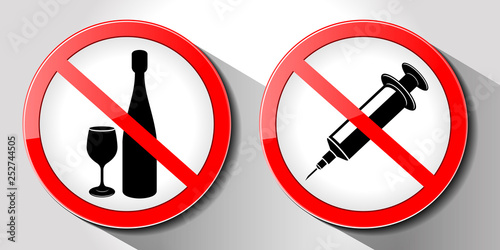 No drugs sign, Liquor and drugs, vector illustration, isolated on white background.