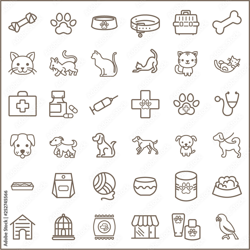 Simple Set of Pet Related Line Icons.Contains such Icons as dog , puppy, parrot, catling, cat, bone, paw print, pet collar And Other Elements. customize color, stroke width control , easy resize.