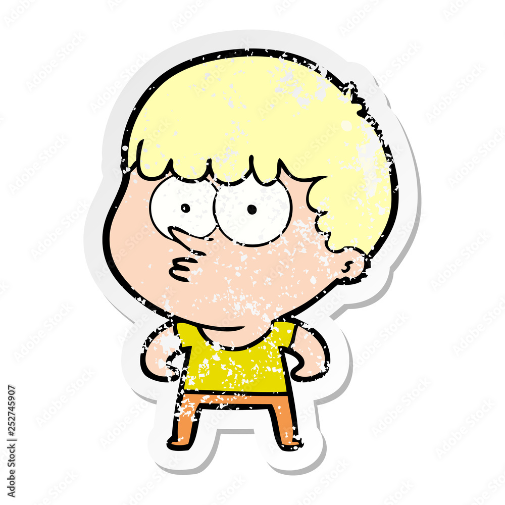 distressed sticker of a cartoon curious boy distressed sticker of a cartoon curious boy