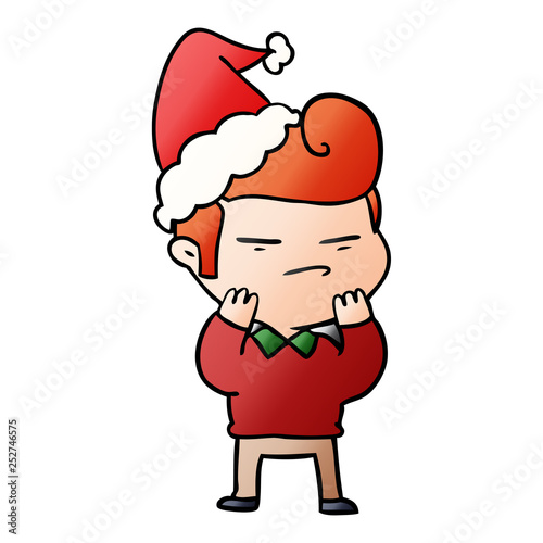 gradient cartoon of a cool guy with fashion hair cut wearing santa hat