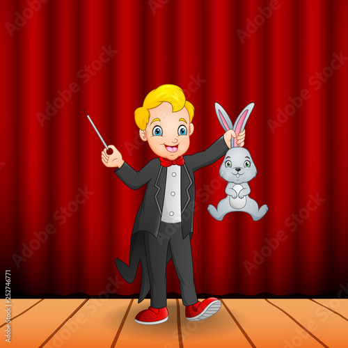 Cartoon magician holding a magic wand and a rabbit 