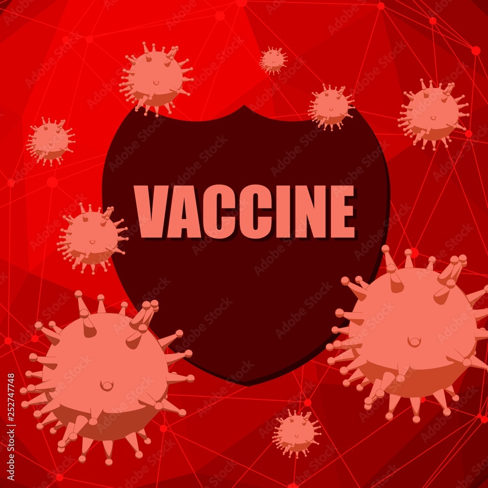 Immune protection system relative image. Abstract viruses attack on shied with vaccine text. Vaccination theme. Virus model flying in space. Pharmaceutical industry and medical equipment research