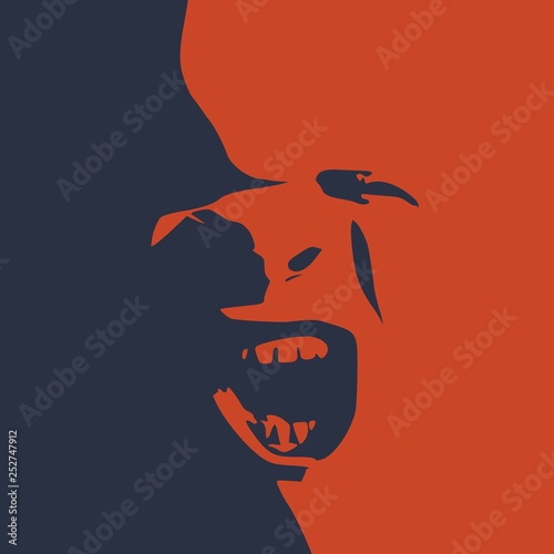 Demonic ugly face. Devil scream character. Demon or monster screaming with in an open mouth as a front view horror face.