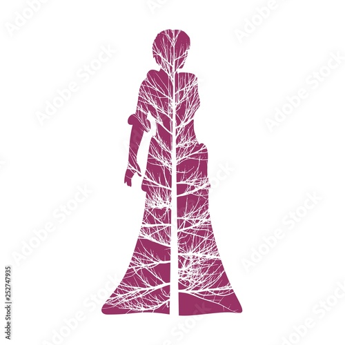 Business Woman Black Silhouette Standing Full Length Over White Background. Double exposure