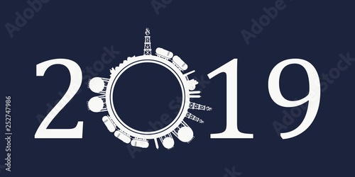 Circle with energy relative silhouettes. Design set of natural gas industry. Objects located around the manometer circle. 2019 year number.