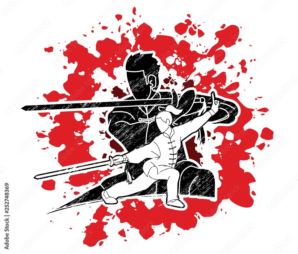 Obraz premium Man and woman Kung Fu fighter, Martial arts with weapons action cartoon graphic vector.