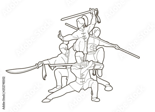 Group of People Kung Fu fighter, Martial arts with weapons action cartoon graphic vector.