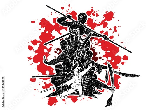 Group of People Kung Fu fighter, Martial arts with weapons action cartoon graphic vector.