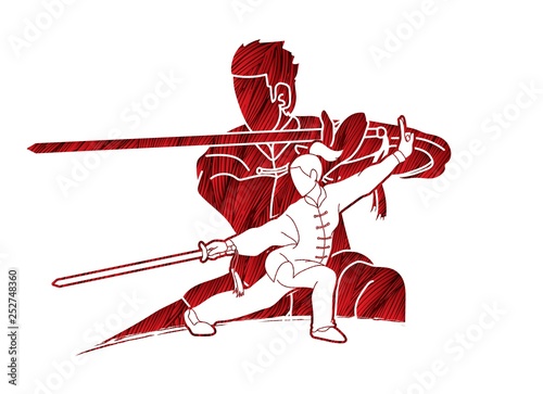 Man and woman Kung Fu fighter, Martial arts with weapons action cartoon graphic vector.