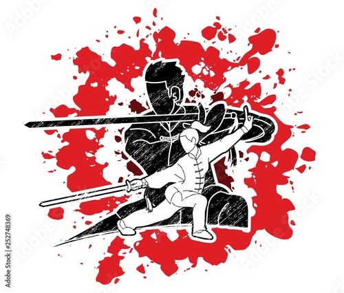 Man and woman Kung Fu fighter, Martial arts with weapons action cartoon graphic vector.