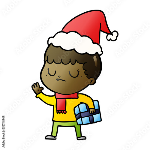 gradient cartoon of a grumpy boy wearing santa hat