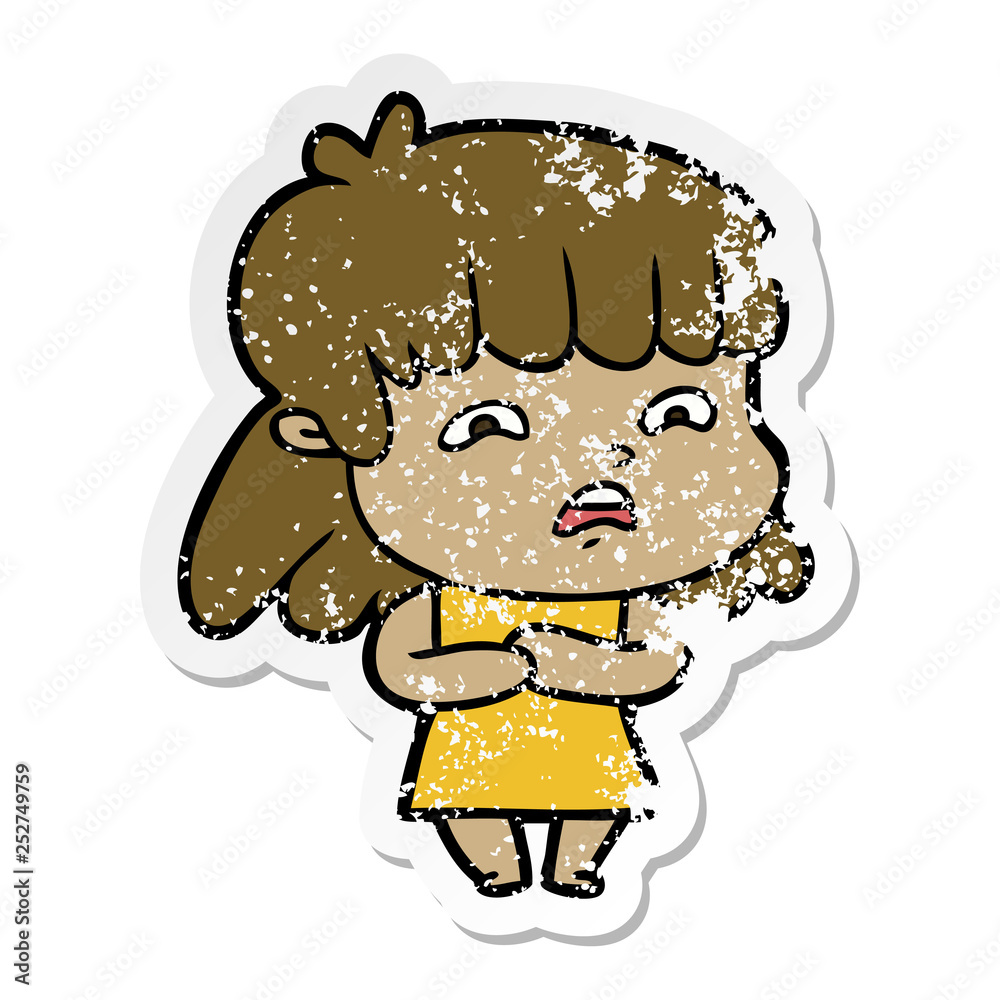 distressed sticker of a cartoon worried woman distressed sticker of a cartoon worried woman