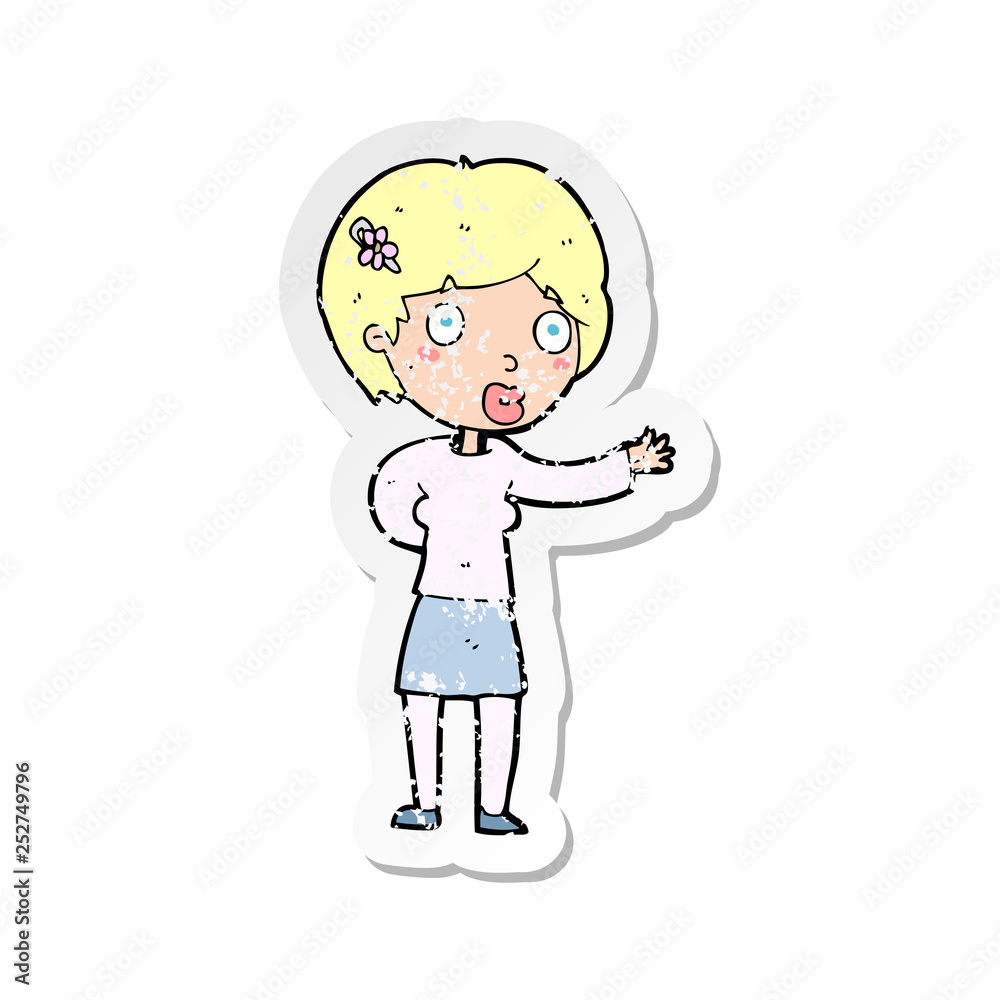 retro distressed sticker of a cartoon waving woman retro distressed sticker of a cartoon waving woman