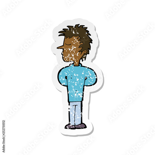 retro distressed sticker of a cartoon man ignoring