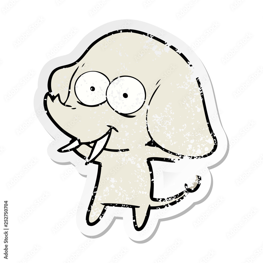distressed sticker of a happy cartoon elephant