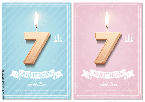 Burning number 7 birthday candle with vintage ribbon and birthday celebration text on textured blue and pink backgrounds in postcard format. Vector vertical seventh birthday invitation templates.