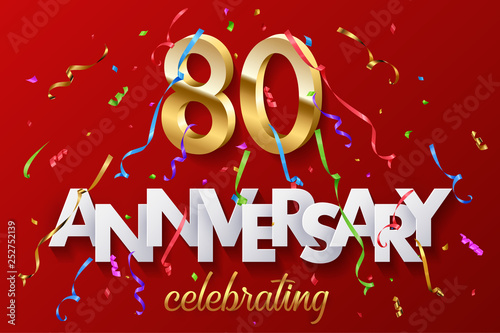 80 golden numbers and Anniversary Celebrating text with colorful serpentine and confetti on red background. Vector celebration 80th anniversary event horizontal template.