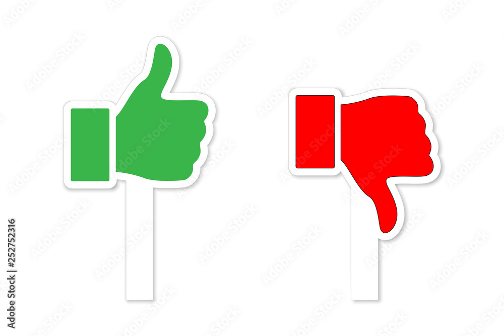 Green Thumbs up and red Thumbs down symbols on sticks isolated on white  background. Vector design elements. Stock Vector | Adobe Stock