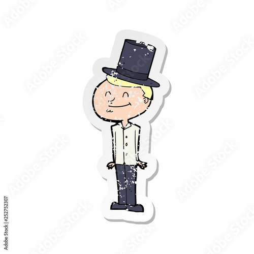 retro distressed sticker of a cartoon man wearing top hat