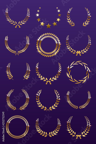 Golden laurel wreaths on violet background. Set of foliate award wreath for championship or cinema festival. Vector illustration.