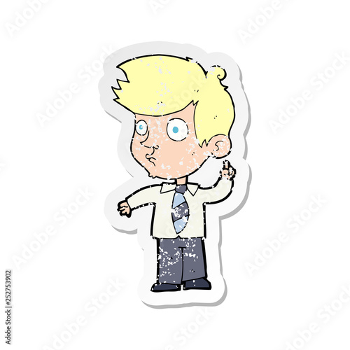retro distressed sticker of a cartoon boy asking question