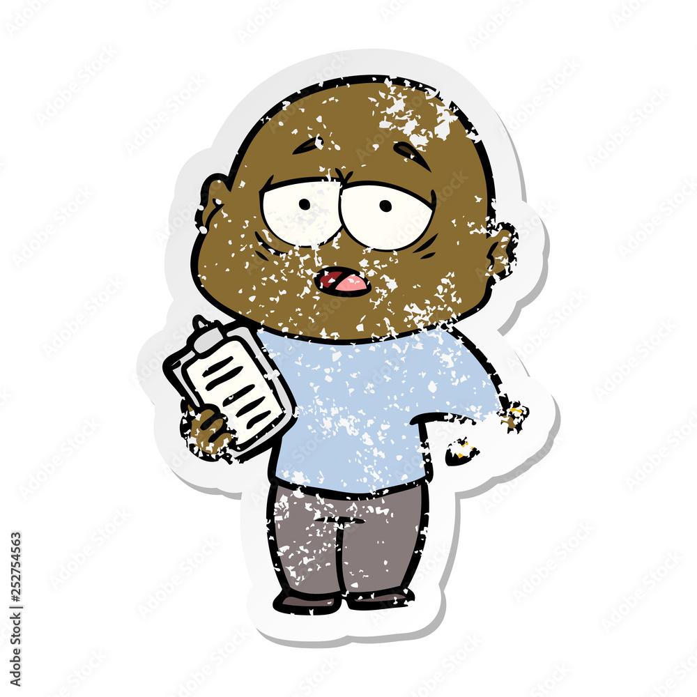 distressed sticker of a cartoon tired bald man