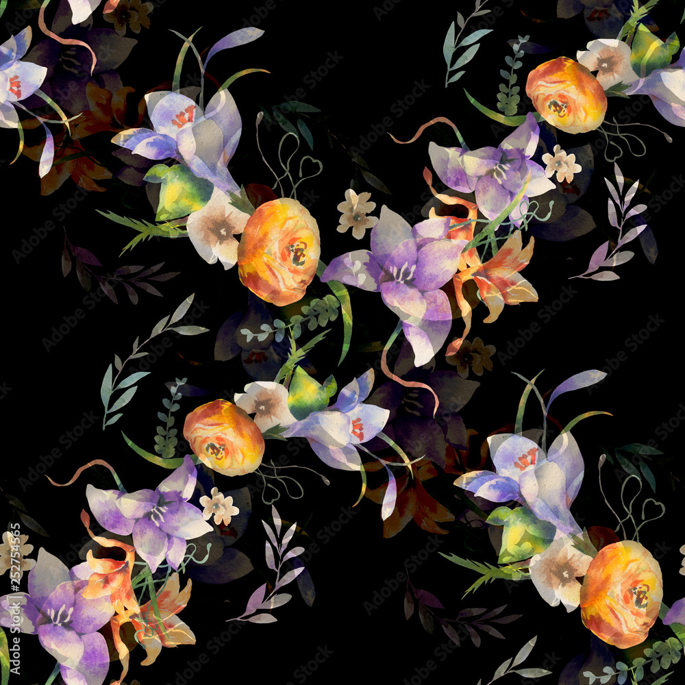 Watercolor painting of leaf and flowers, seamless pattern on dark background