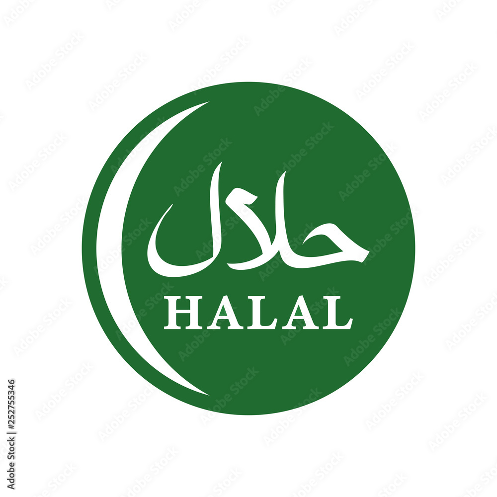Halal food label, Muslim hallal products certified sign with Arabic