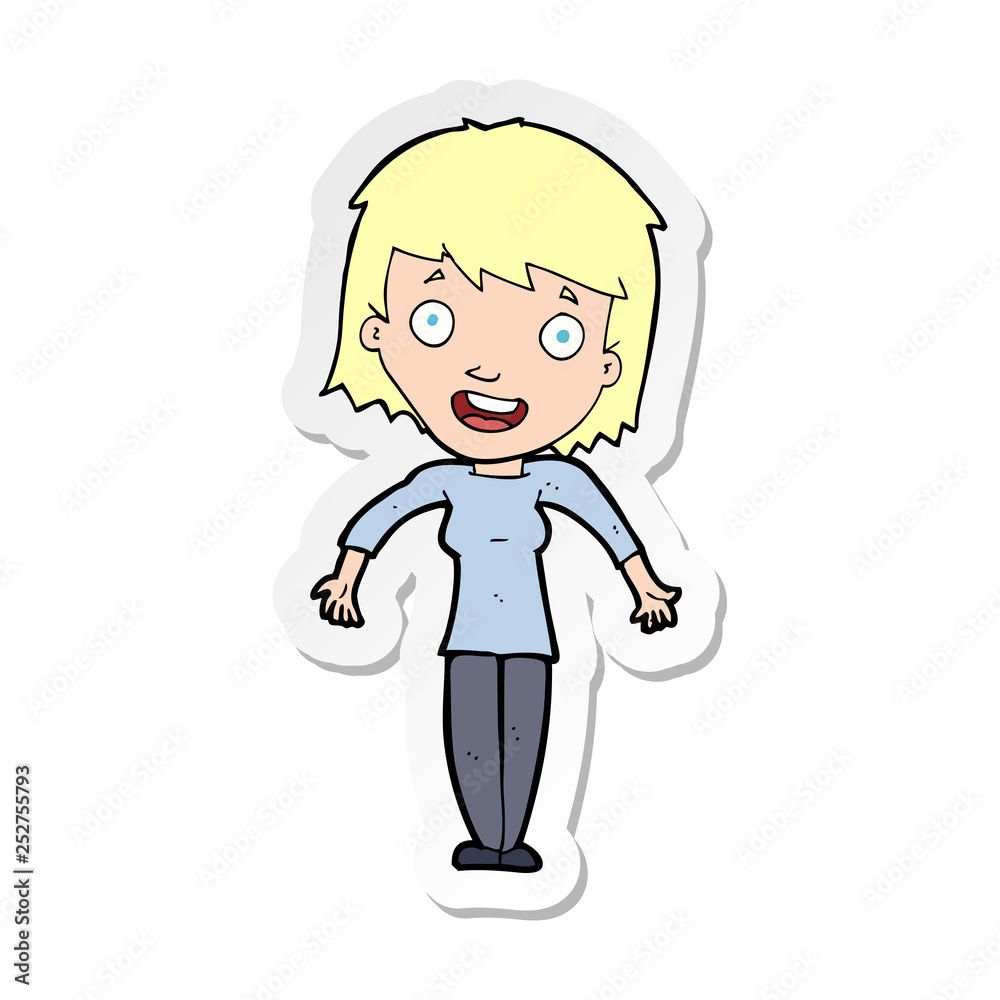 sticker of a cartoon woman shrugging shoulders sticker of a cartoon woman shrugging shoulders