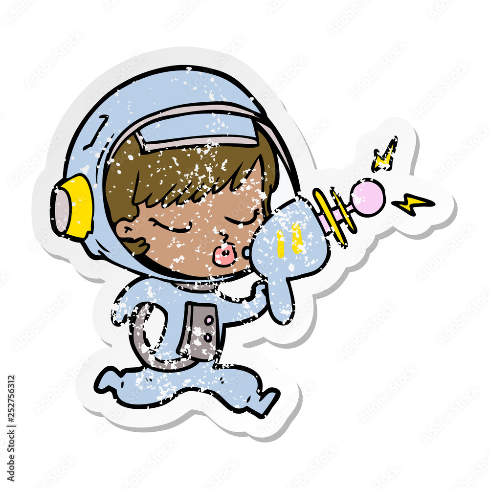 distressed sticker of a cartoon pretty astronaut girl with ray gun