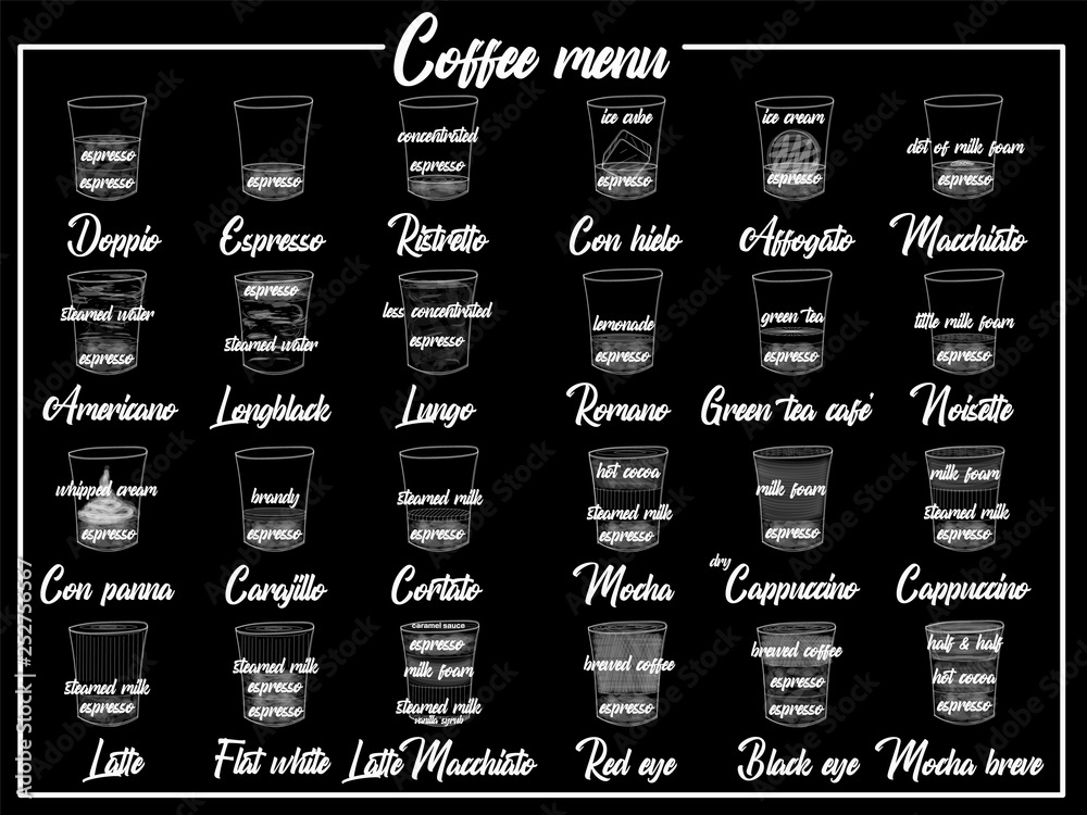Fototapeta premium Coffee Menu with Cups of Coffee Drinks in hand drawing Style on two tone. Vector illustration style