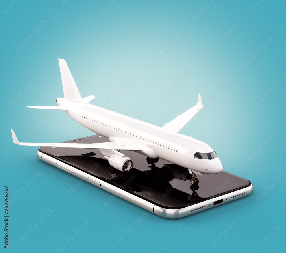 Smartphone application for online searching, buying and booking flights on the internet. Online check-in. Unusual 3D illustration of commercial airplane on smart phone
