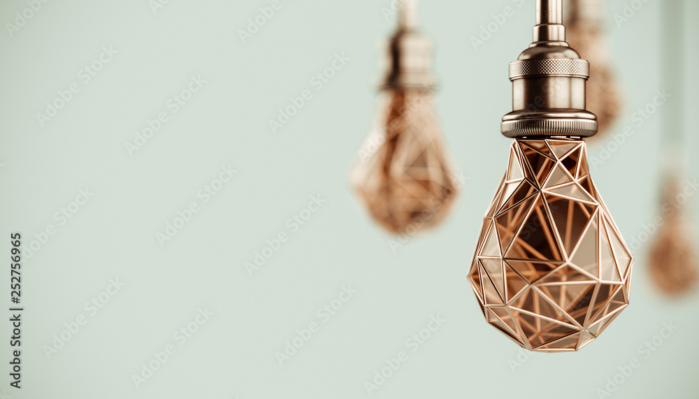 Unusual 3d illustration of hanging stylized low poly light bulbs with golden wire. Conceptual background.
