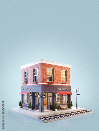 Unusual 3d illustration of a train station building