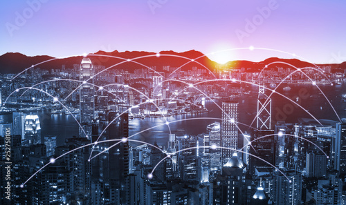 Hong Kong city skyline networking connection concept, modern filter effect