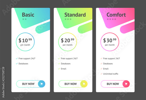 Banners with tariffs plan. Comparison of pricing table set for business, bullet list with commercial plan. Template for prices of business product.