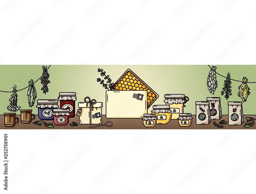 Eco food banner. Healthy herbs, honey, jam, natural tea flat style vector illustration