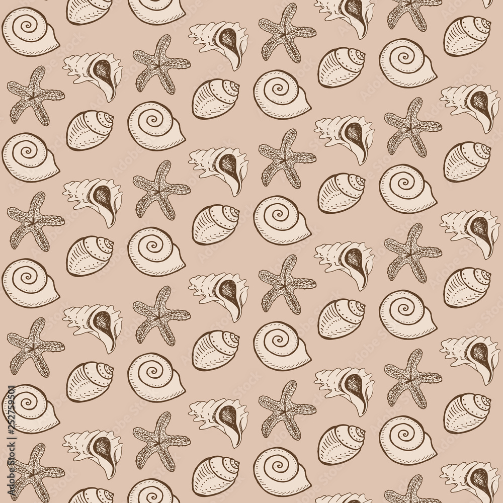 vector seamless pattern sea shells and starfishes on sandy background for fabrics, backdrop, print