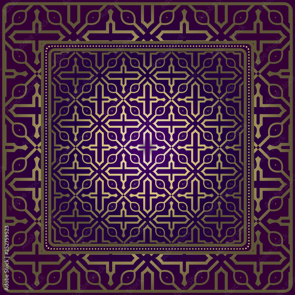 Vintage Geometric Pattern. Design For Bandana Shawl, Tablecloth Fabric Print. Vector Illustration. Luxury purple gold color