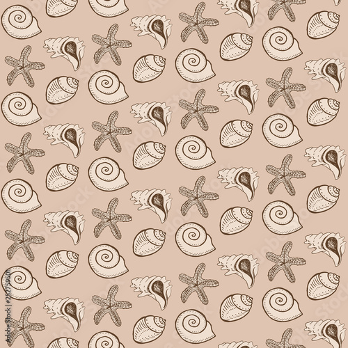 vector seamless pattern sea shells and starfishes on sandy background for fabrics  backdrop  print