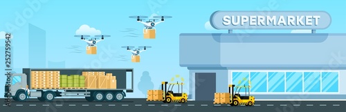 Automatic Loader, Flying Drone, Delivery Truck