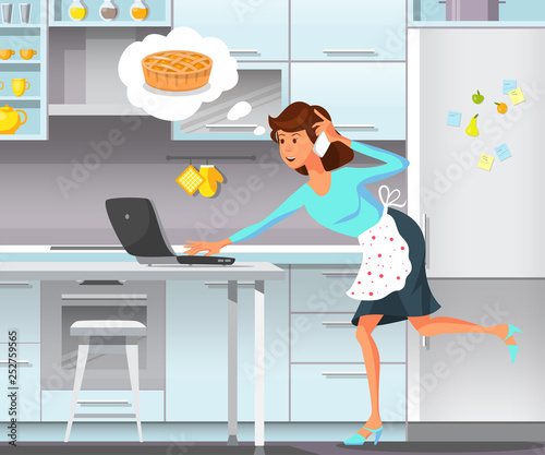 Vector Flat Mom Kitchen Makes Cake Lot Things.