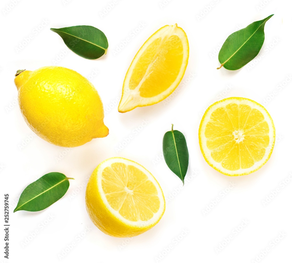 Lemon and slices with leaf isolated on white background. Tropical abstract creative Summer background. Flat lay, top view. Lemon and slices with leaf isolated on white background. Tropical abstract creative Summer background. Flat lay, top view.