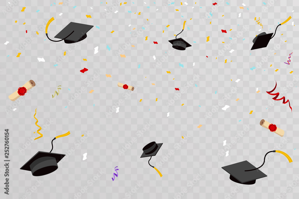 Confetti graduation hats fly in sky poster graduation caps scrolls
