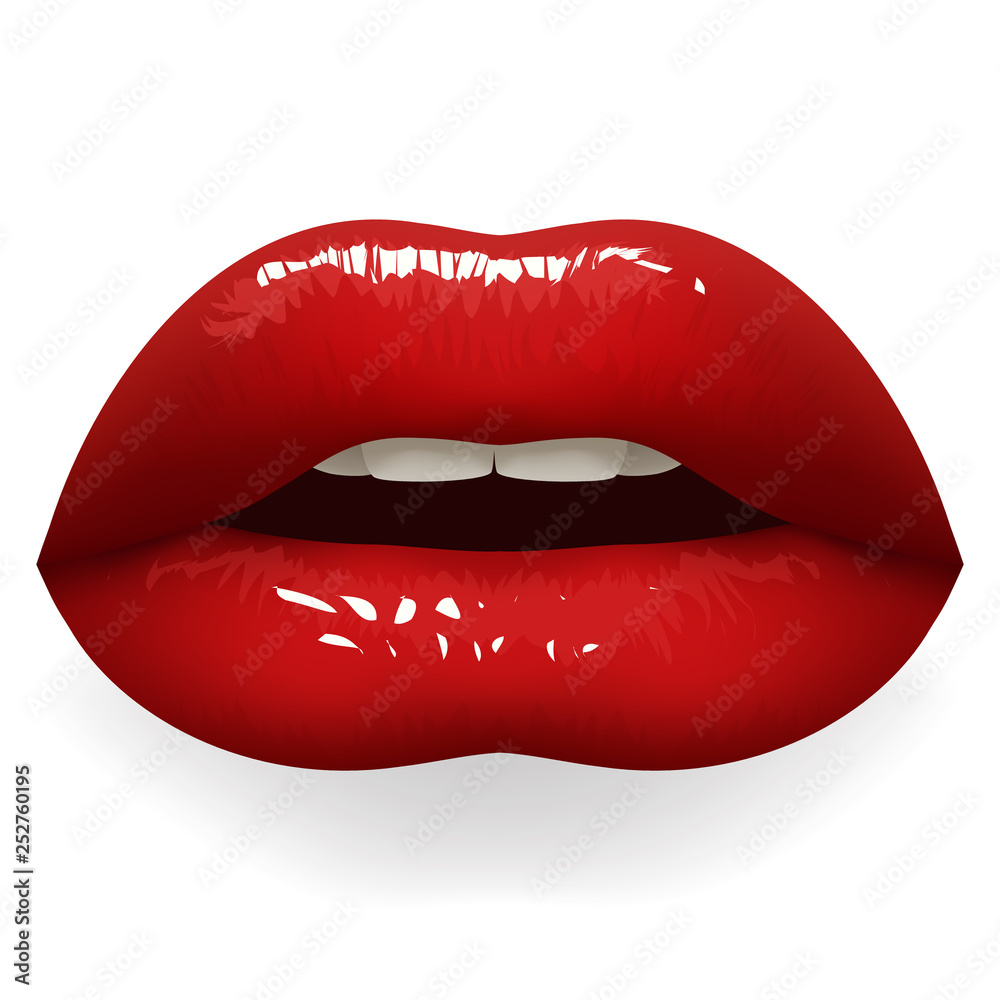 Bright red lipstick lips half open female mouth teeth stylish fashion  mockup isolated on white design vector illustration Stock Vector | Adobe  Stock