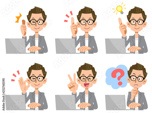 ノートパソコンを操作するクリエイター風の男性　表情と仕草のセット