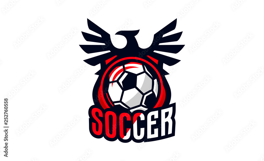 Logo football club, soccer ball emblem. Shield and flying soccer ball