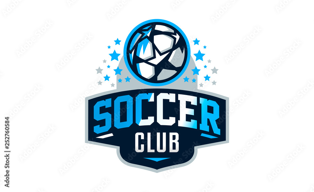 Logo football club, soccer ball emblem. Shield and flying soccer ball. Football school tournament, goal, competition, star. Colorful Vector Illustration Logo football club, soccer ball emblem. Shield and flying soccer ball. Football school tournament, goal, competition, star. Colorful Vector Illustration