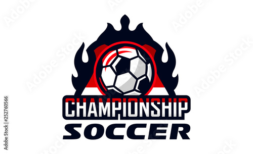 Logo football club, soccer ball emblem. Shield and flying soccer ball. Football school tournament, goal, competition, flame, fire. Colorful Vector Illustration