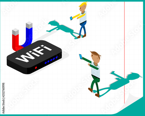 Internet addiction. People like zombies going to a signal from a Wifi router. Vectrical illustration